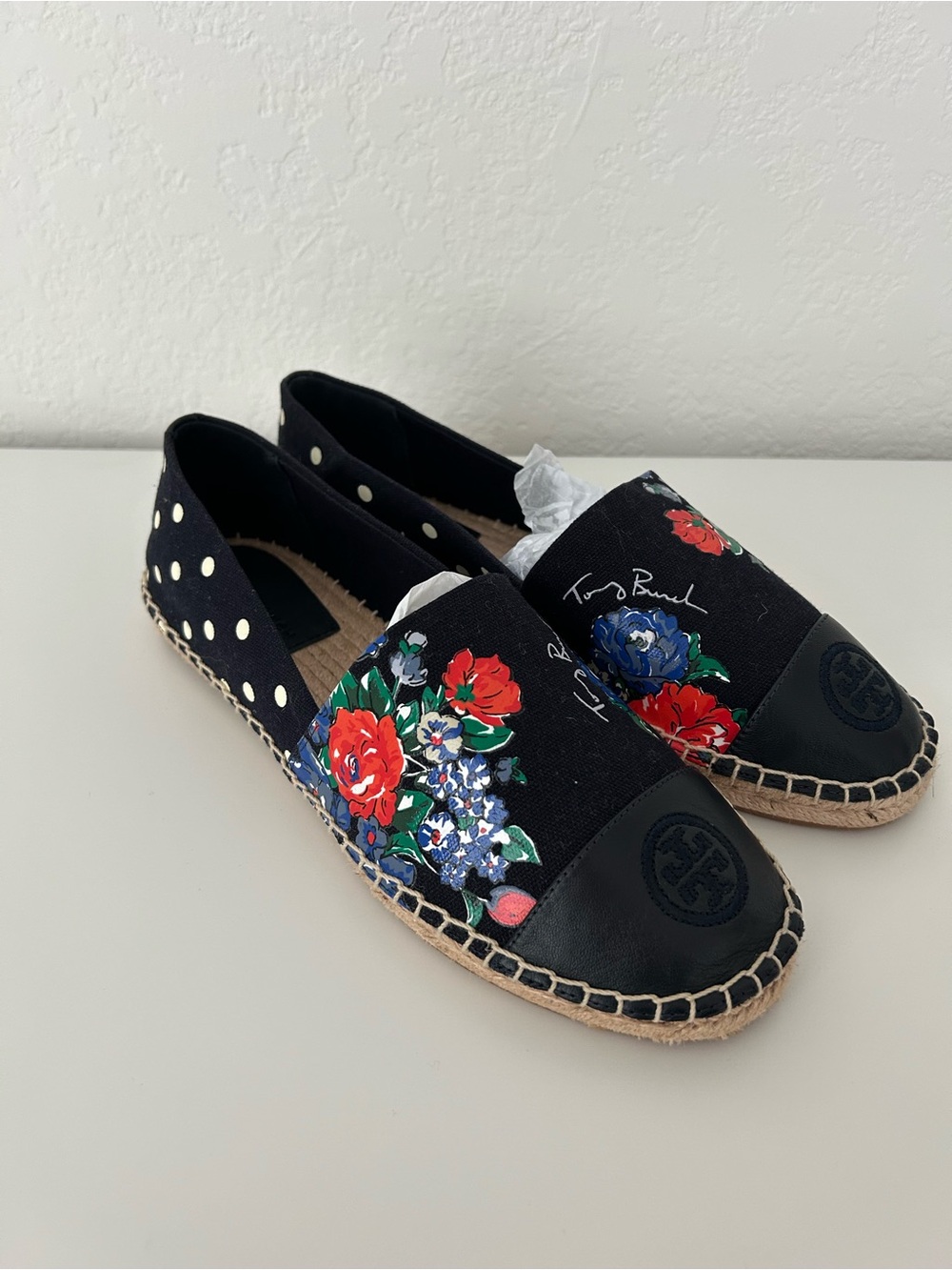 New! TORY BURCH size 9 leather canvas espadrilles flats navy floral polka dot